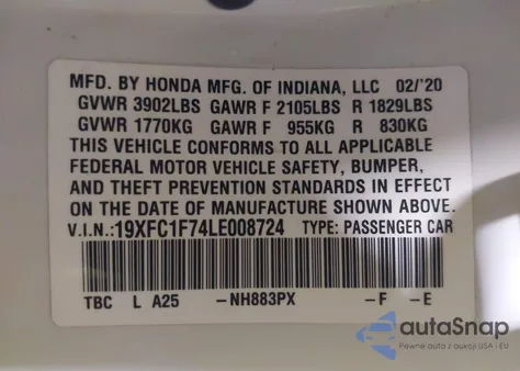 2020 Honda Civic Ex-L from USA, damaged, VIN 19XFC1F74LE008724